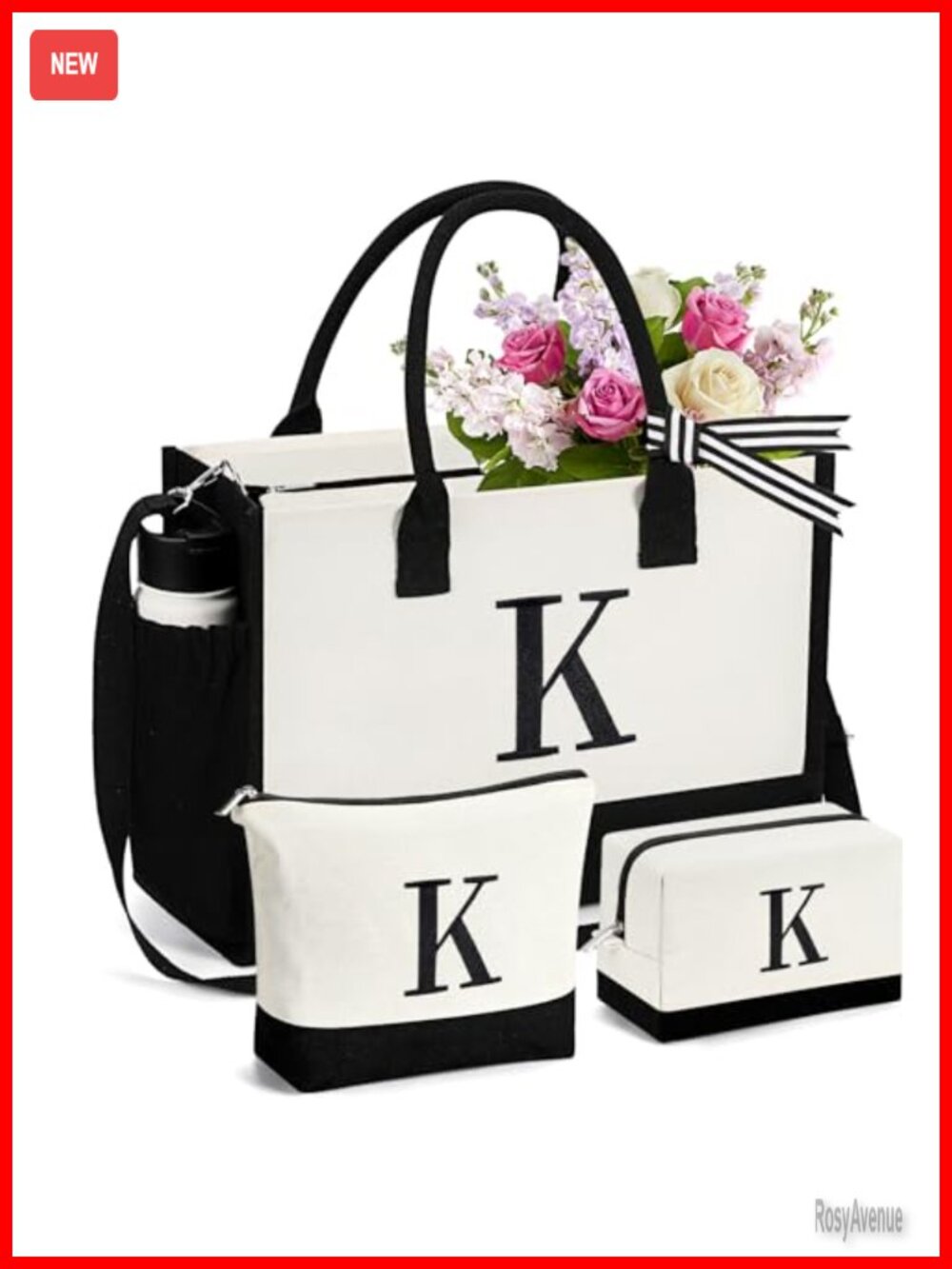 Embroidered Personlized Canvas Tote Bag Set with 2 Makeup Bags